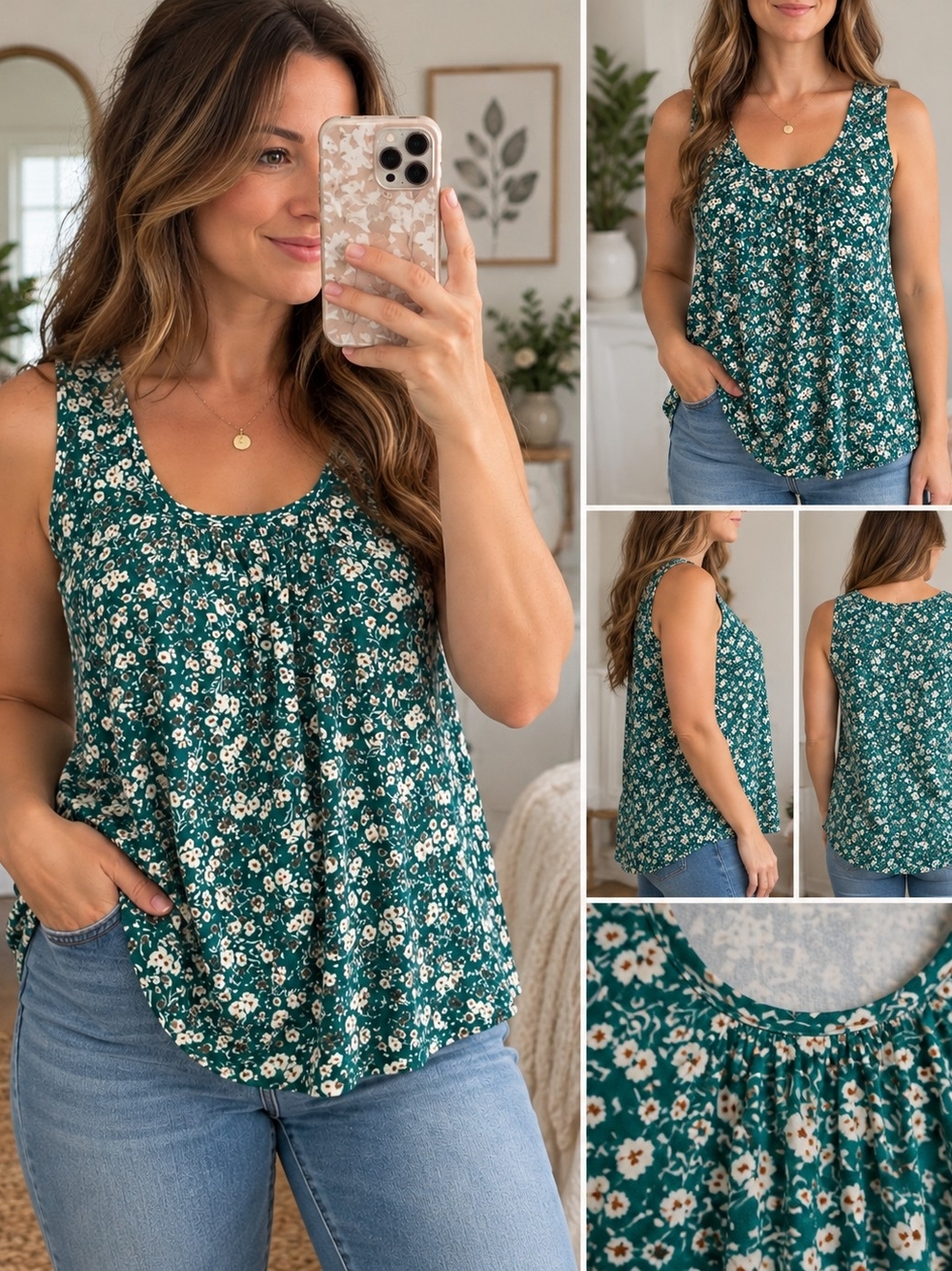 WNEEDU XL Dark Green Floral Sleeveless Stretch Tank Top 14–16 NWT New